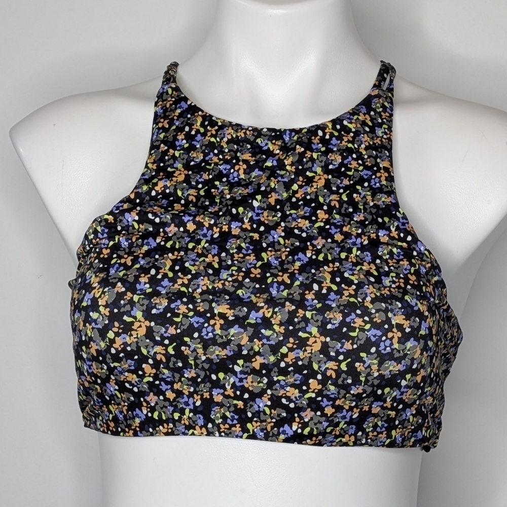 Prana Onyx Bay Black Petals High Neck Bikini Swimsuit Top M